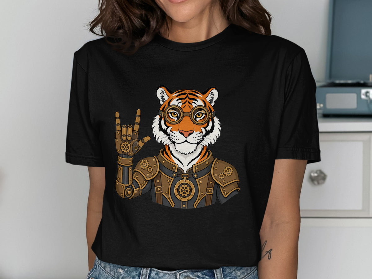 Steampunk tiger wearing goggles and armor, giving rock on hand gesture.