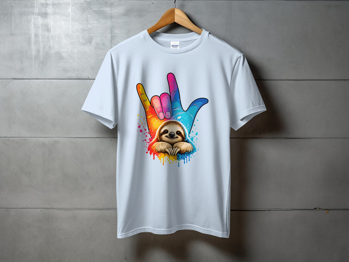 White t-shirt with colorful I Love You hand sign and a cute sloth graphic.