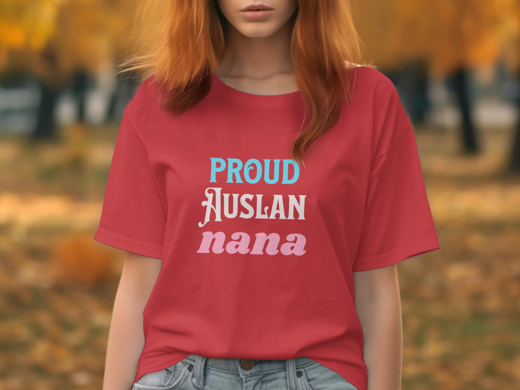 Red t-shirt with "PROUD AUSLAN nana" text in blue, white, and pink.