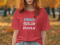 Red t-shirt with "PROUD AUSLAN nana" text in blue, white, and pink.