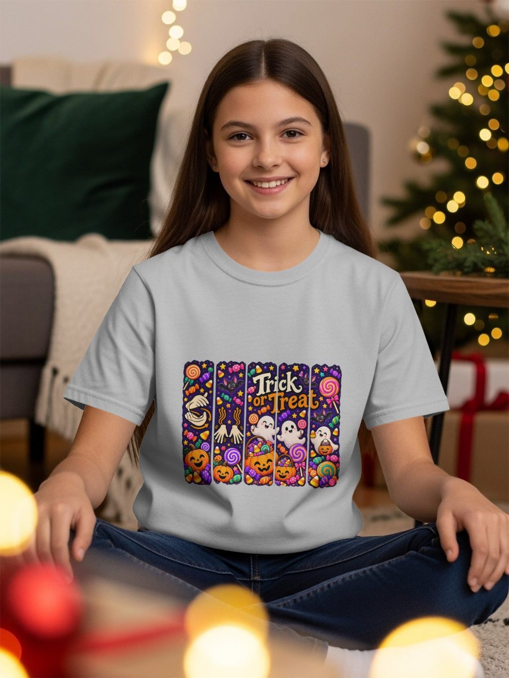 Gray t-shirt with "Trick or Treat" and Halloween graphics including pumpkins, ghosts, and candy.