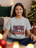 Gray t-shirt with "Trick or Treat" and Halloween graphics including pumpkins, ghosts, and candy.
