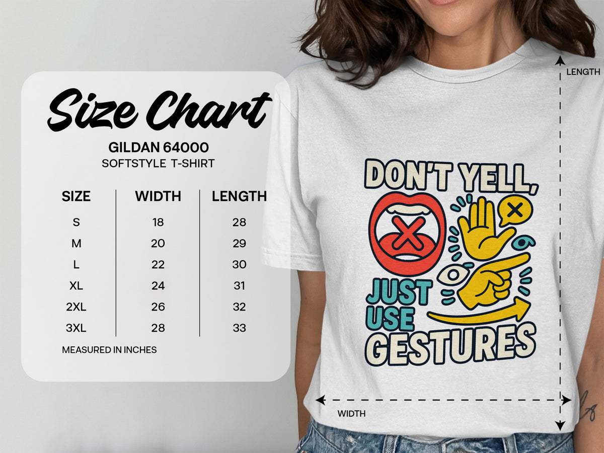 Gildan 64000 size chart for softstyle t-shirt with width and length measurements.