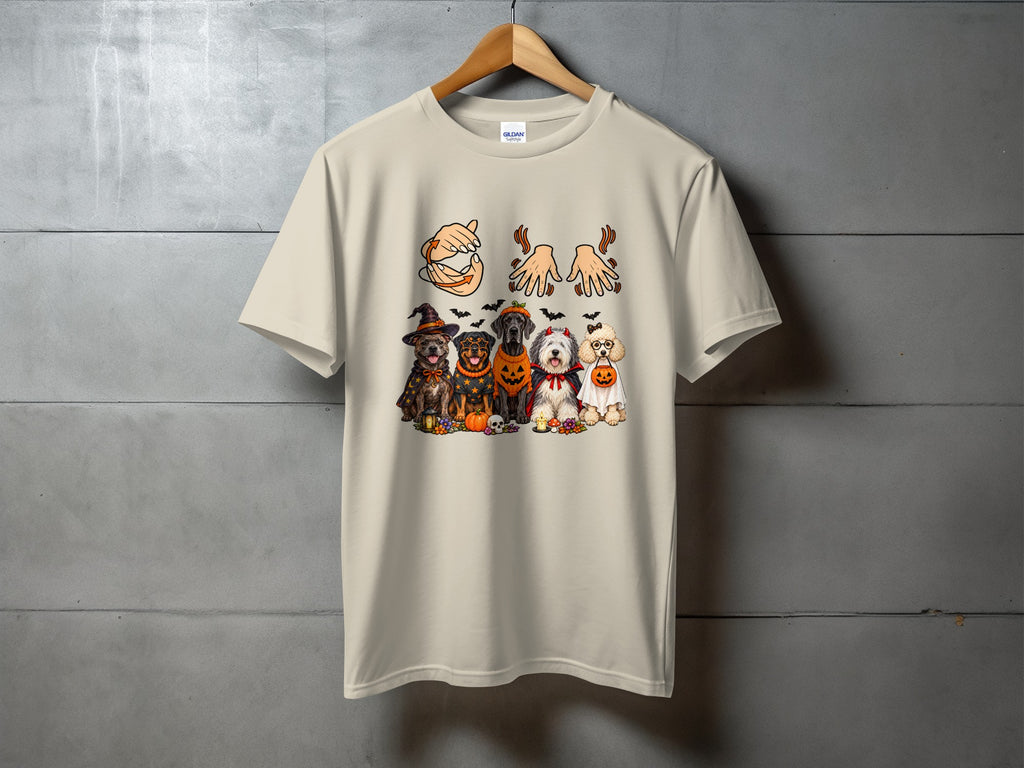 T-shirt with Halloween dogs and hand gestures.