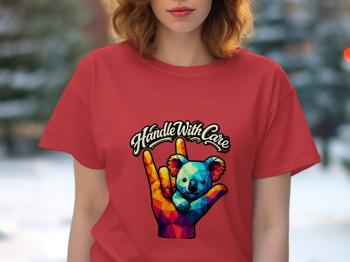 Red t-shirt with a colorful geometric koala on a hand and text "Handle With Care".