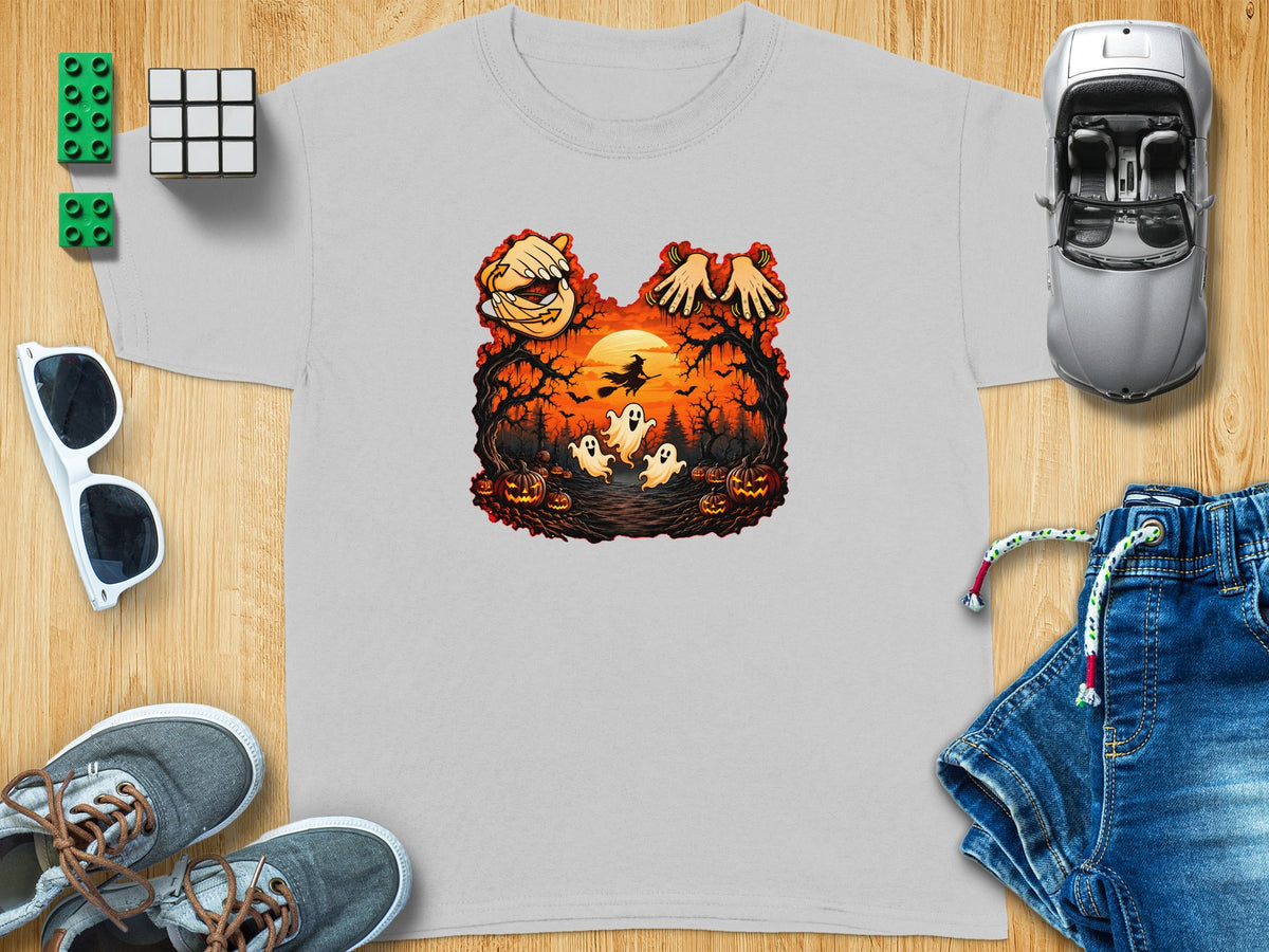Gray t-shirt with a Halloween graphic of ghosts, a witch, pumpkins, and trees.