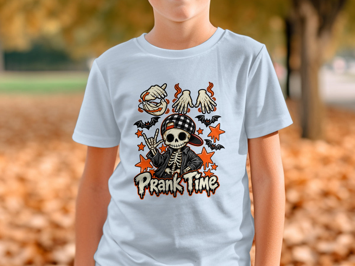 Skeleton graphic with "Prank Time" text and Halloween-themed elements.