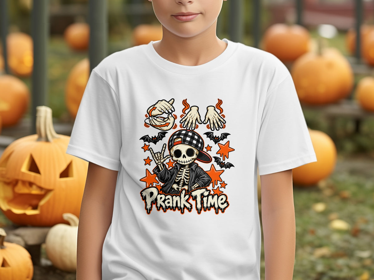White t-shirt with skeleton graphic and "Prank Time" text.