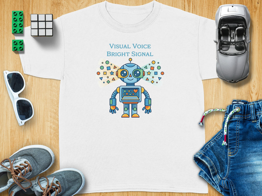 White t-shirt with cartoon robot and text "VISUAL VOICE BRIGHT SIGNAL."