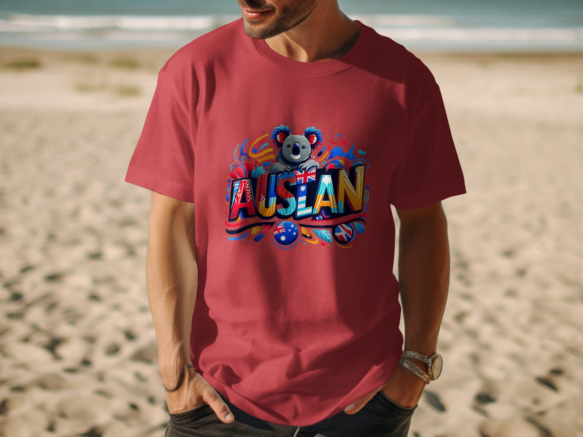 Red t-shirt with a colorful "AUSLAN" graphic featuring a koala and Australian flag.