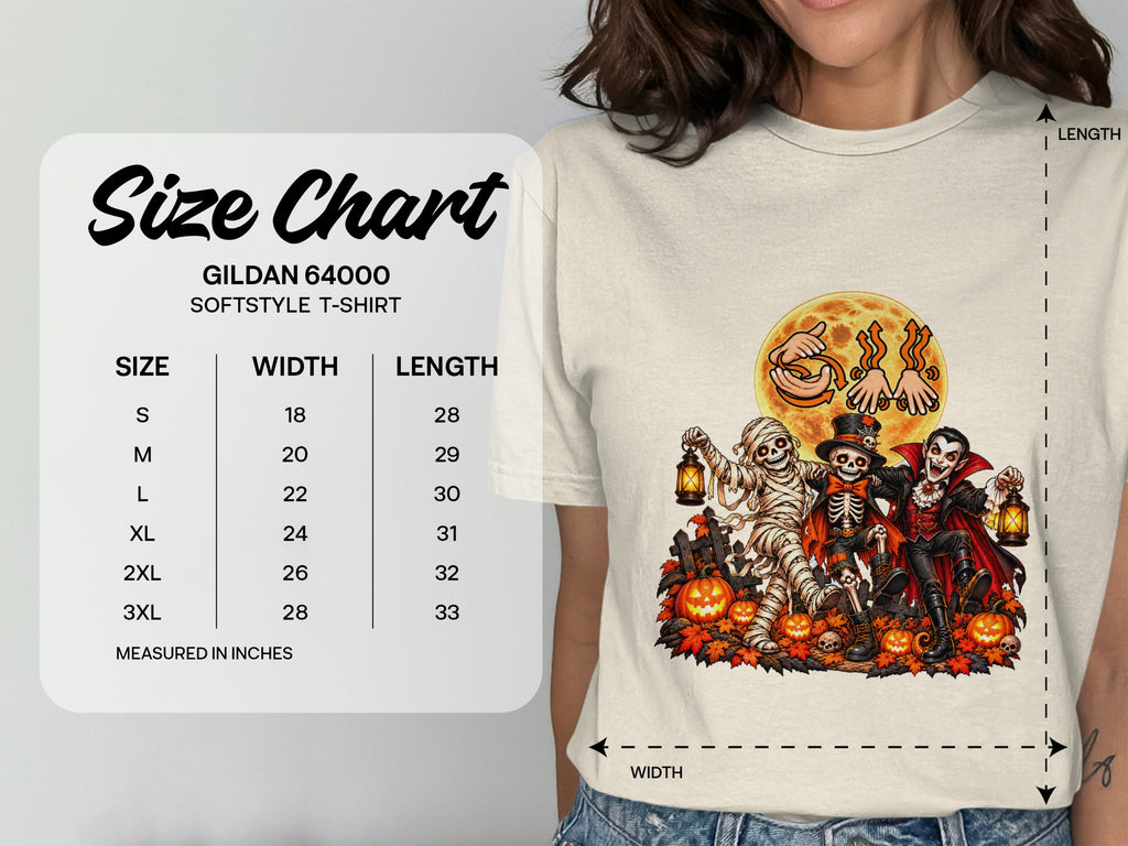 Size chart for Gildan 64000 Softstyle T-Shirt with Halloween graphic.