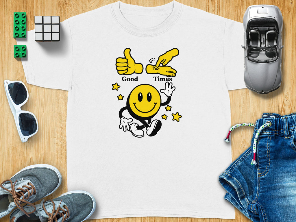 White t-shirt with yellow smiley face and text "Good Times".