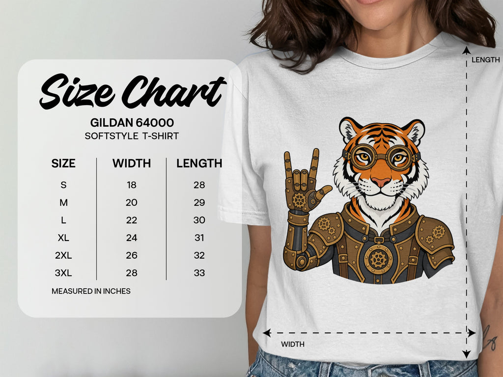 Gildan 64000 Softstyle T-shirt size chart with steampunk tiger graphic.
