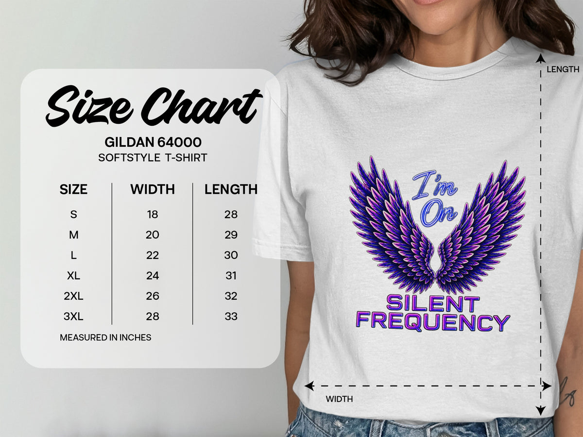 Gildan 64000 softstyle t-shirt size chart with width and length measurements.