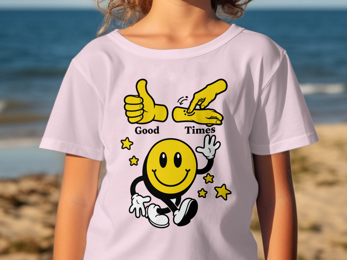 White t-shirt with yellow "Good Times" graphic featuring a smiley face and hands.