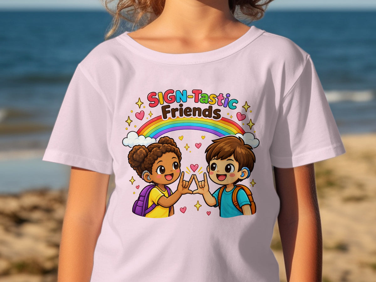 Cartoon children forming ASL letters with "SIGN-Tastic Friends" text and rainbow.