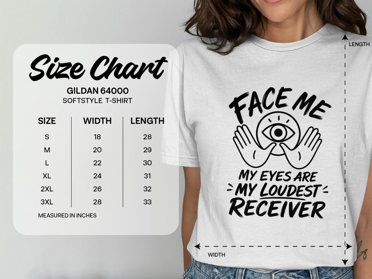 Gildan 64000 Softstyle T-shirt size chart with measurements and graphic.
