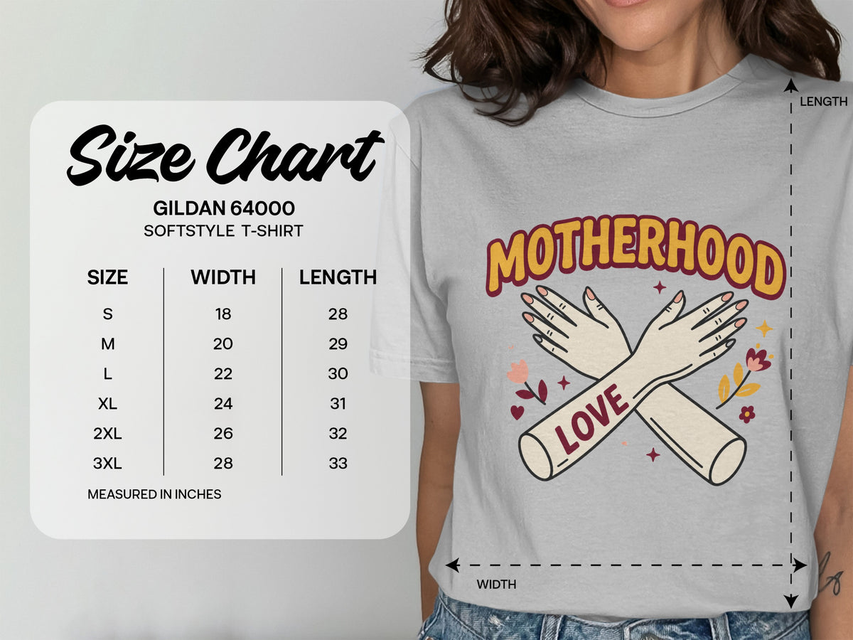 Gildan 64000 Softstyle T-shirt size chart with width and length measurements.