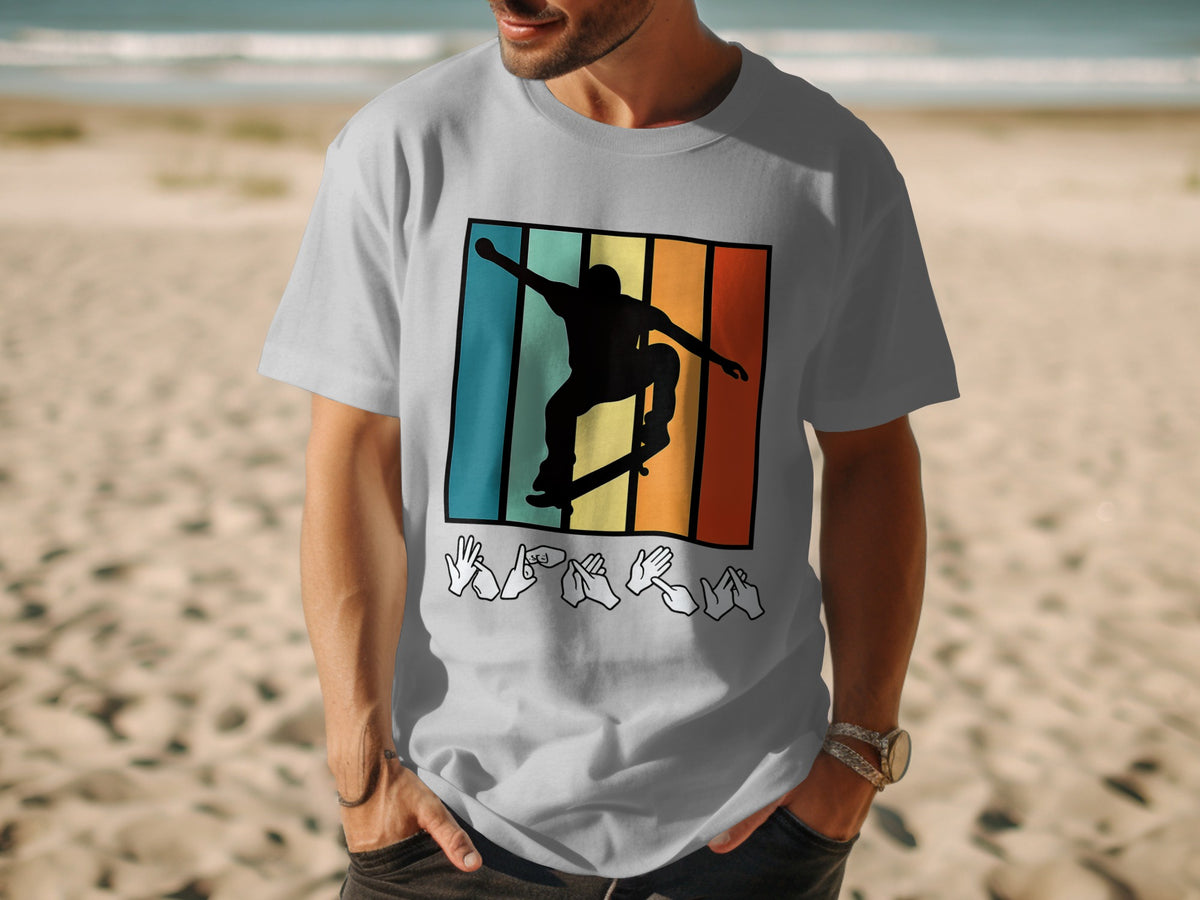 Grey t-shirt with skateboarder silhouette and ASL alphabet on vintage stripes.
