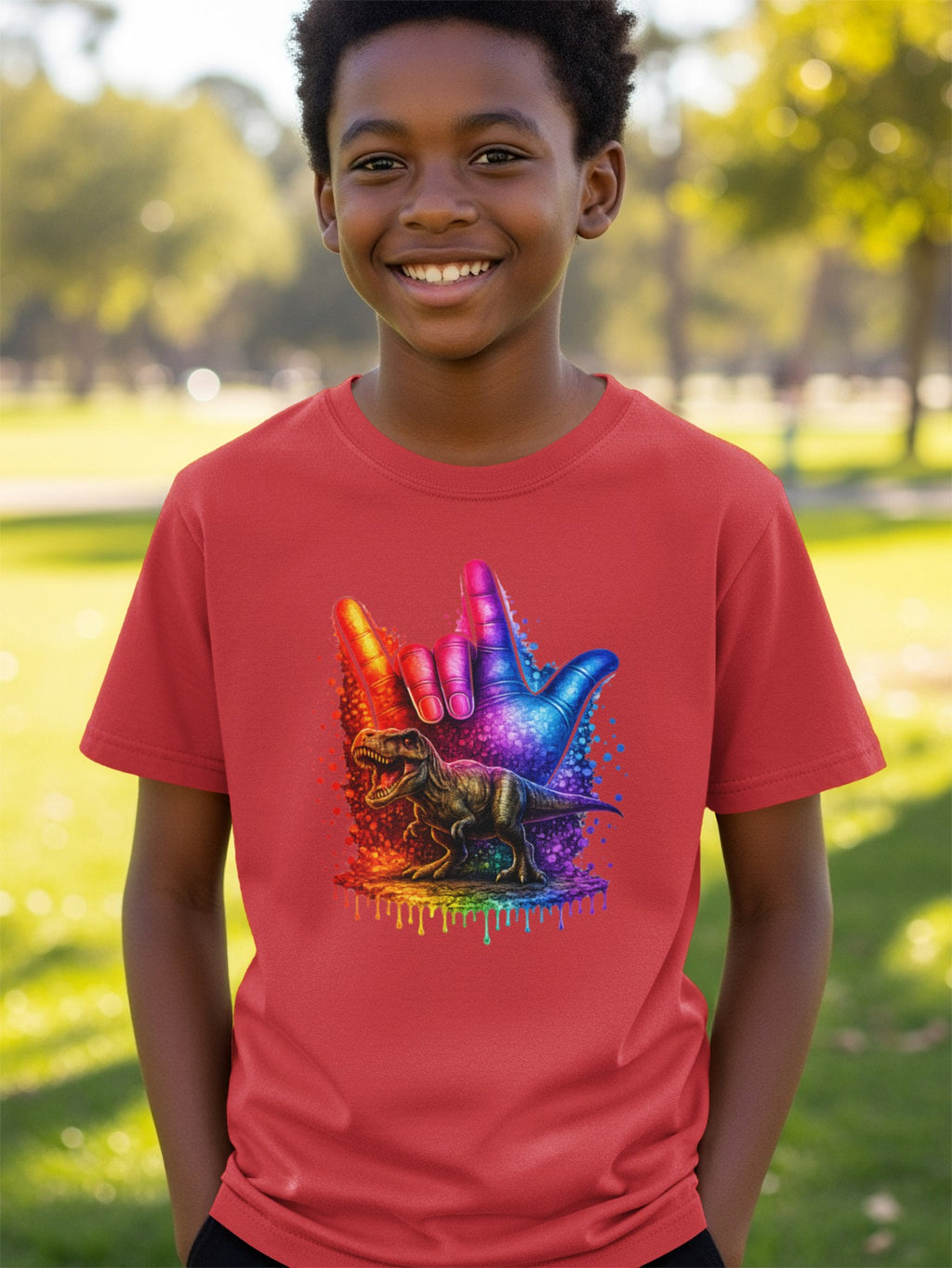 Red t-shirt with a T-Rex dinosaur and colorful hand sign graphic.