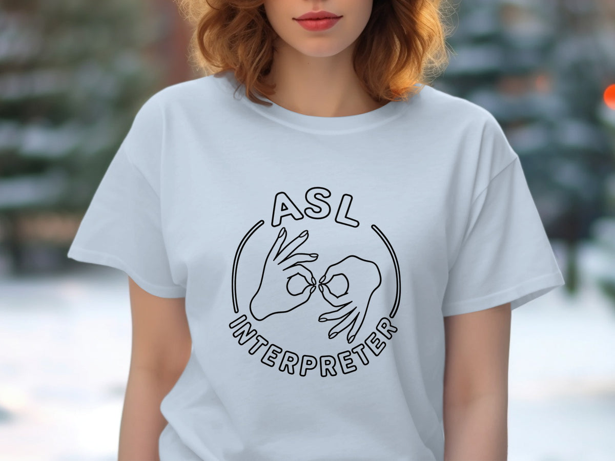 White t-shirt with ASL Interpreter graphic featuring two hands making sign language symbols.