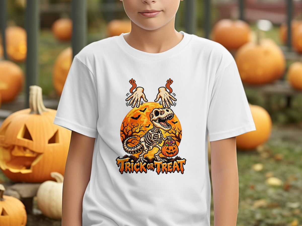 White t-shirt with a Halloween graphic of a skeleton dinosaur holding a pumpkin candy bucket.