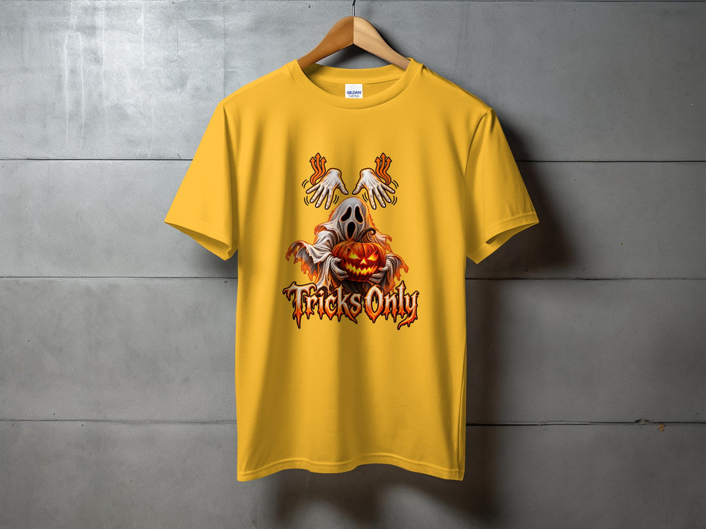 Yellow t-shirt with a Halloween graphic of a ghost and pumpkin, reading "Tricks Only".