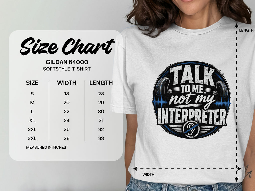 Gildan 64000 size chart for Softstyle T-shirt with width and length measurements.