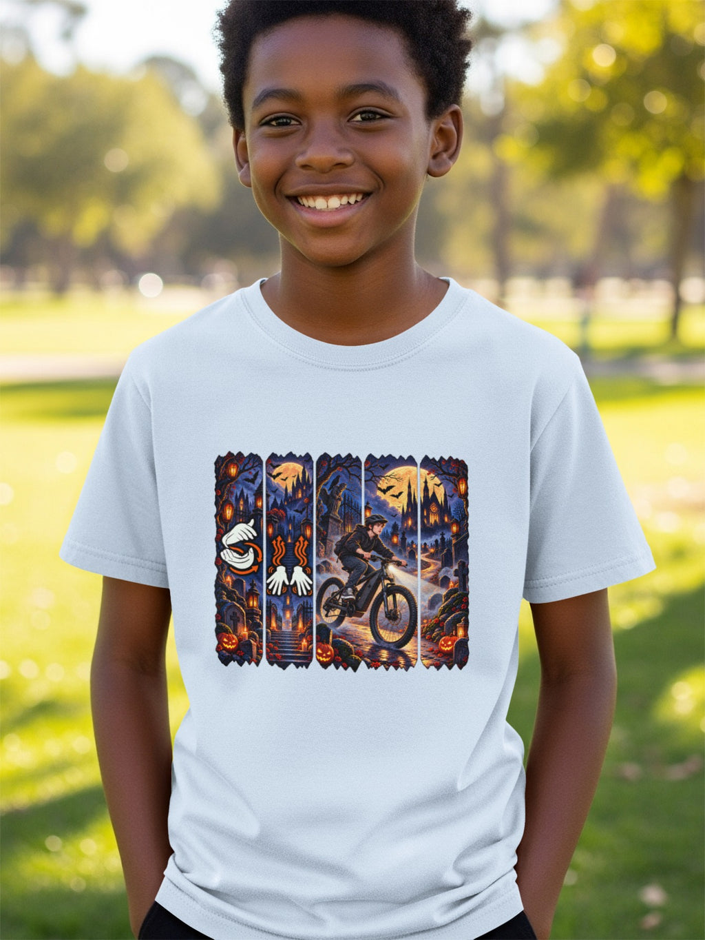 T-shirt with a boy riding a bike through a spooky Halloween cemetery scene.