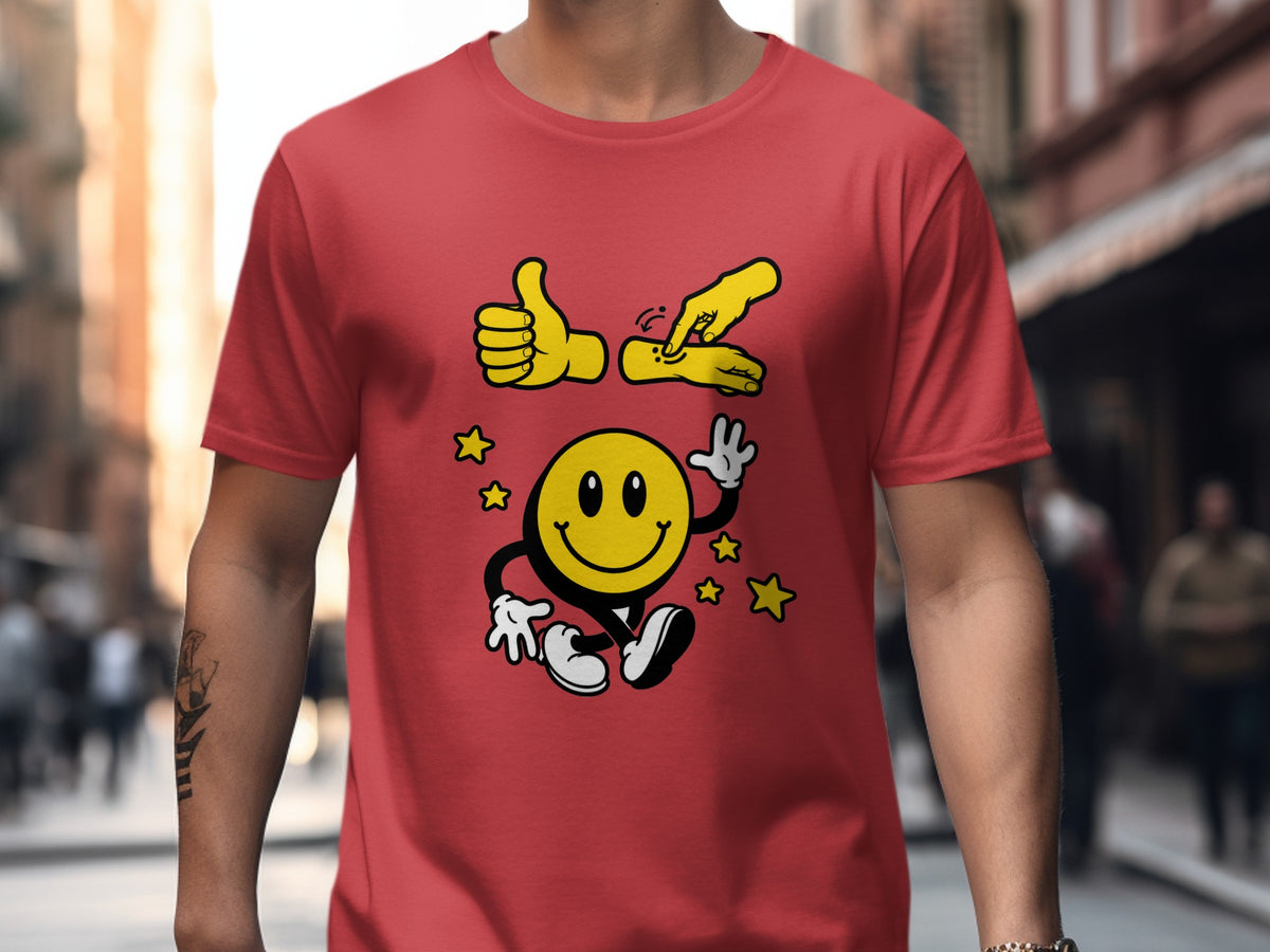 Red t-shirt with a cartoon smiley face, stars, and hand gestures.