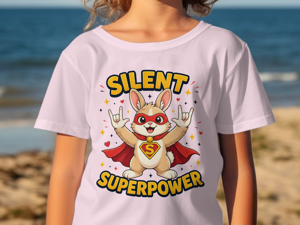 T-shirt with cartoon bunny superhero reading "Silent Superpower".