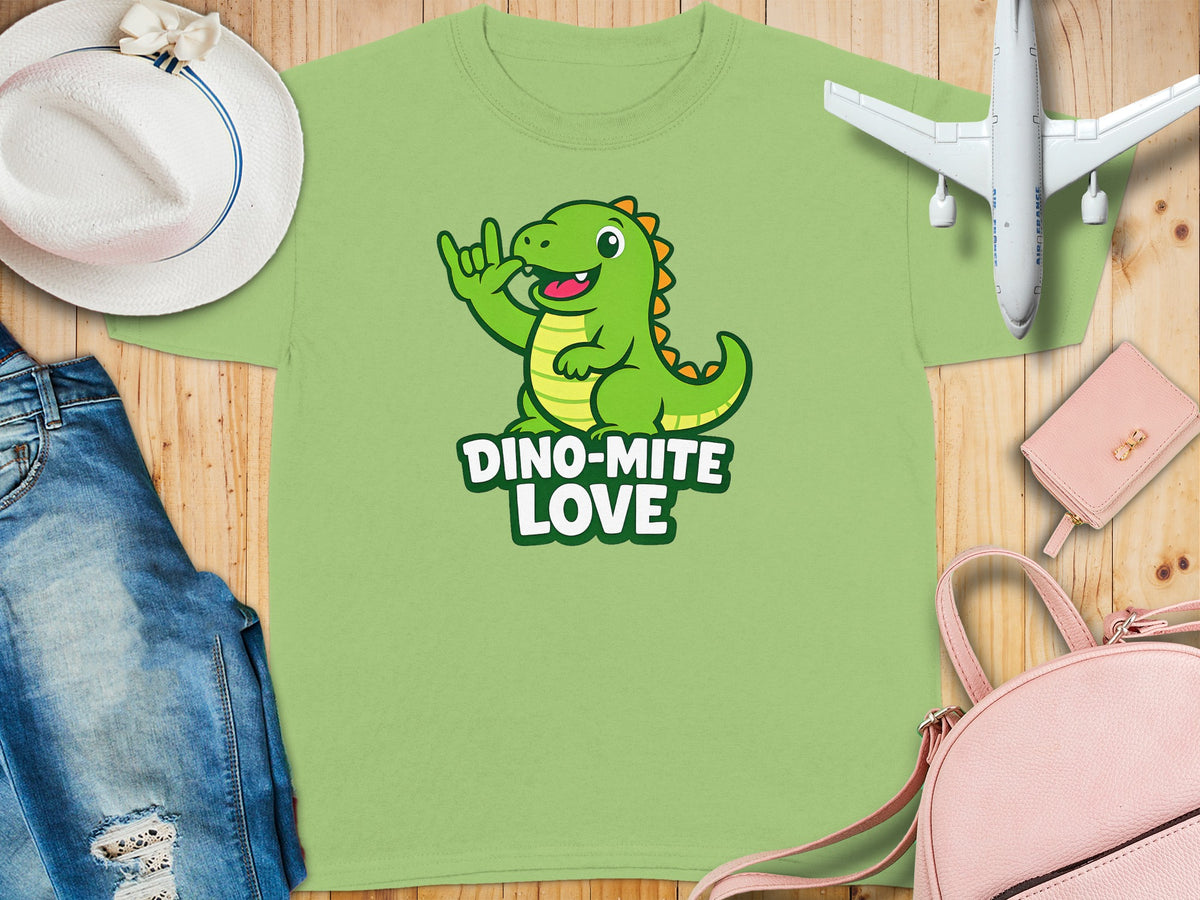 Light green t-shirt with a cartoon dinosaur and the text "Dino-Mite Love".