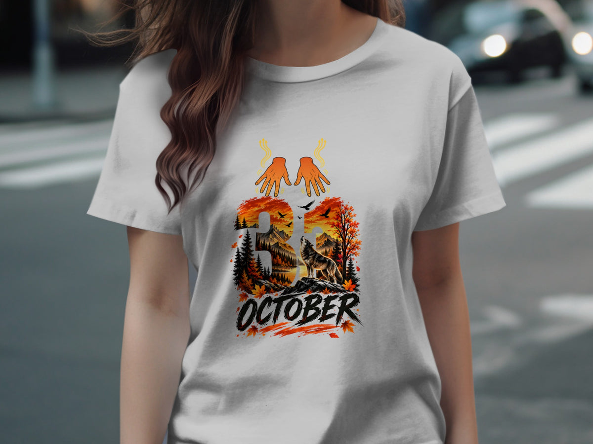 White t-shirt with "31 October" graphic featuring a wolf and autumn forest scene.