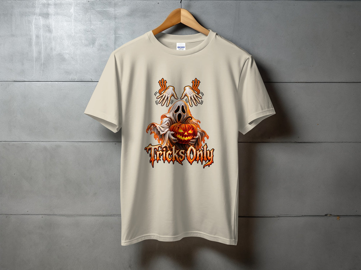 Light beige t-shirt with a ghost, jack-o'-lantern, and "Tricks Only" text.