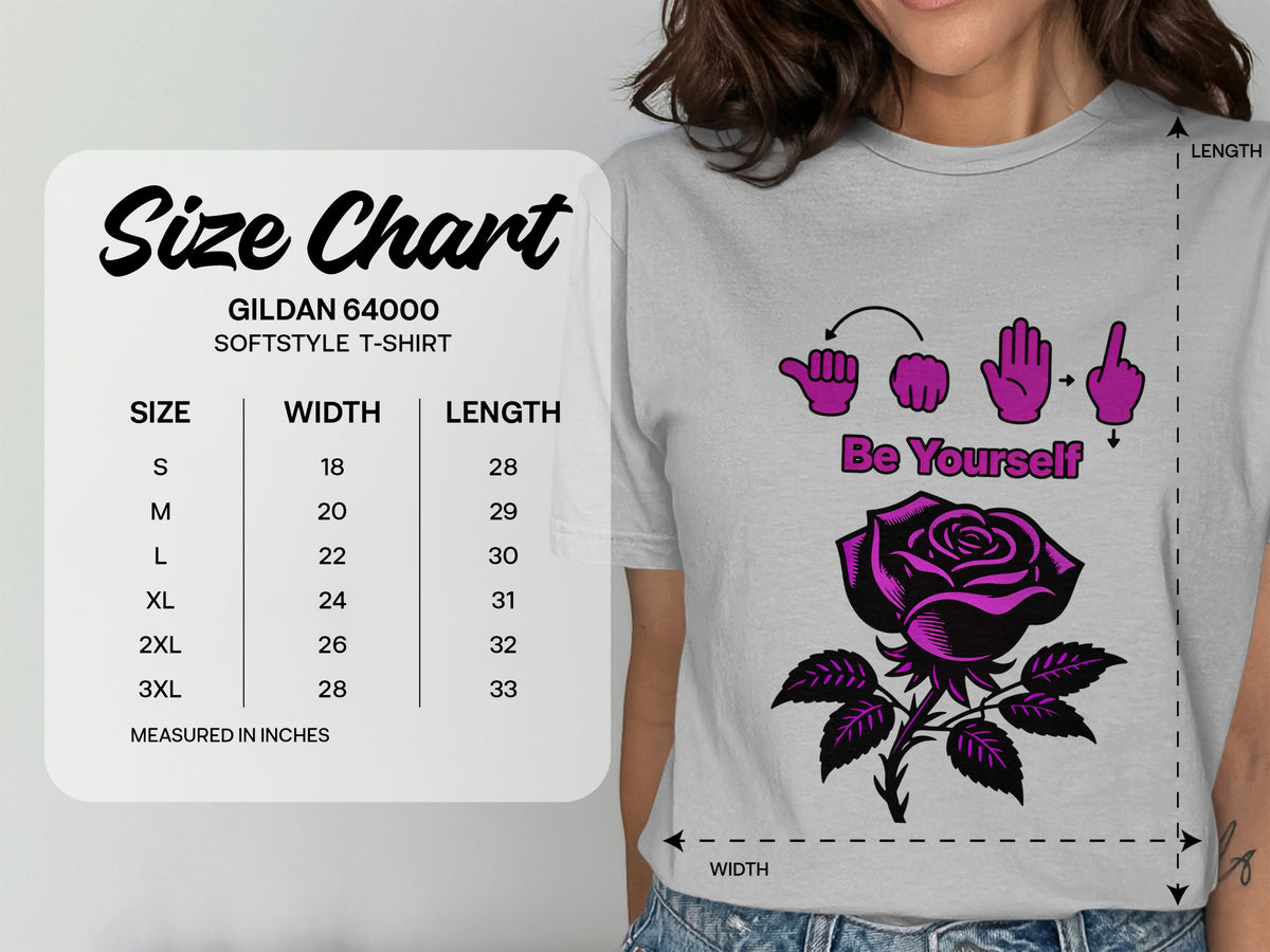 Gildan 64000 Softstyle T-shirt size chart with width and length measurements in inches.