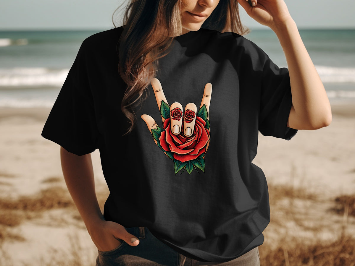 Black t-shirt with a rock-and-roll hand gesture and rose graphic.