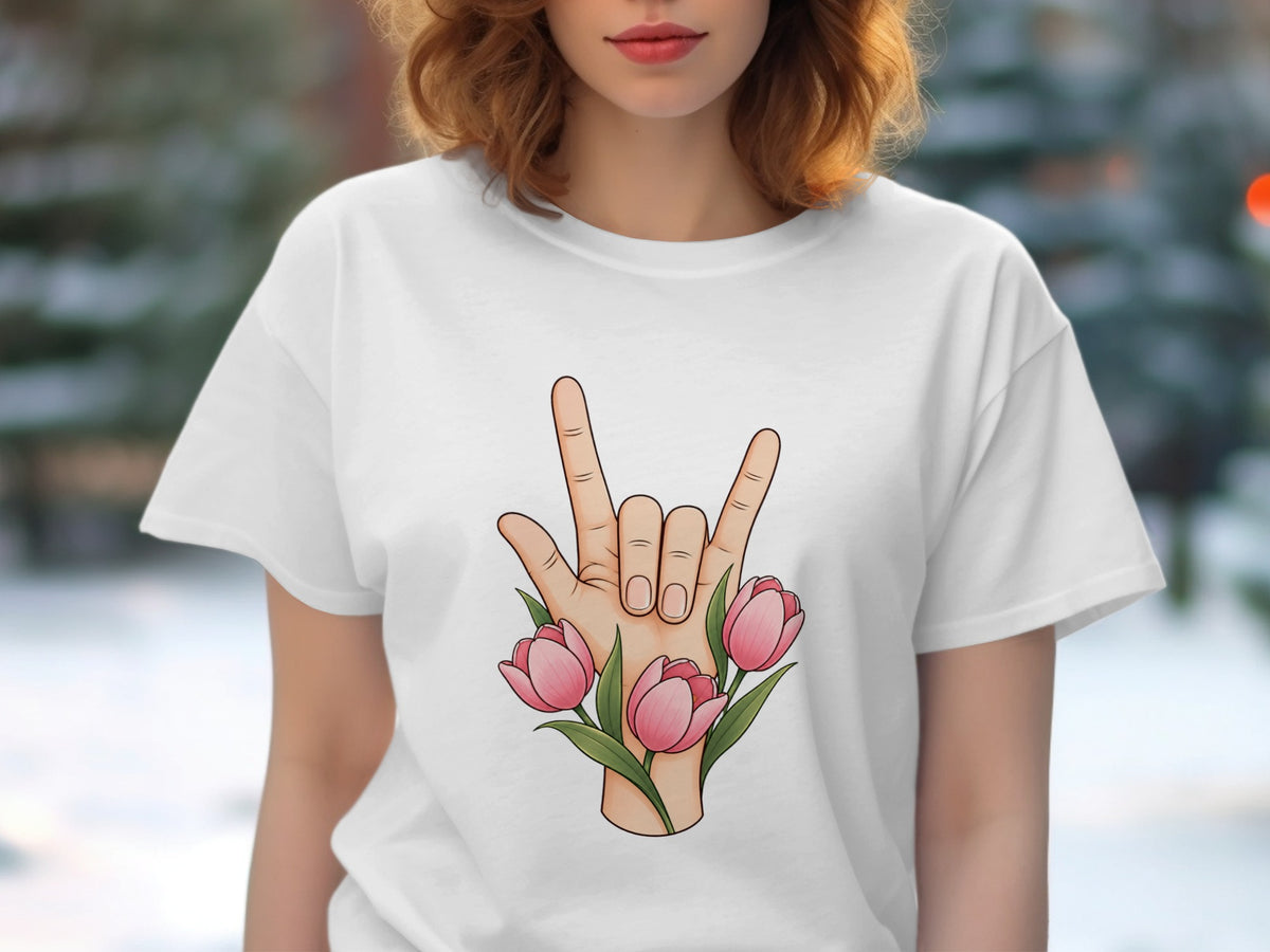 White t-shirt with hand making rock on gesture and pink tulips.