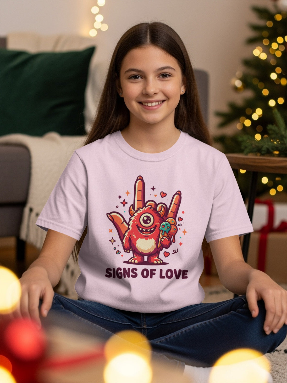 Pink t-shirt with cartoon monster giving the "rock on" hand sign and holding ice cream.