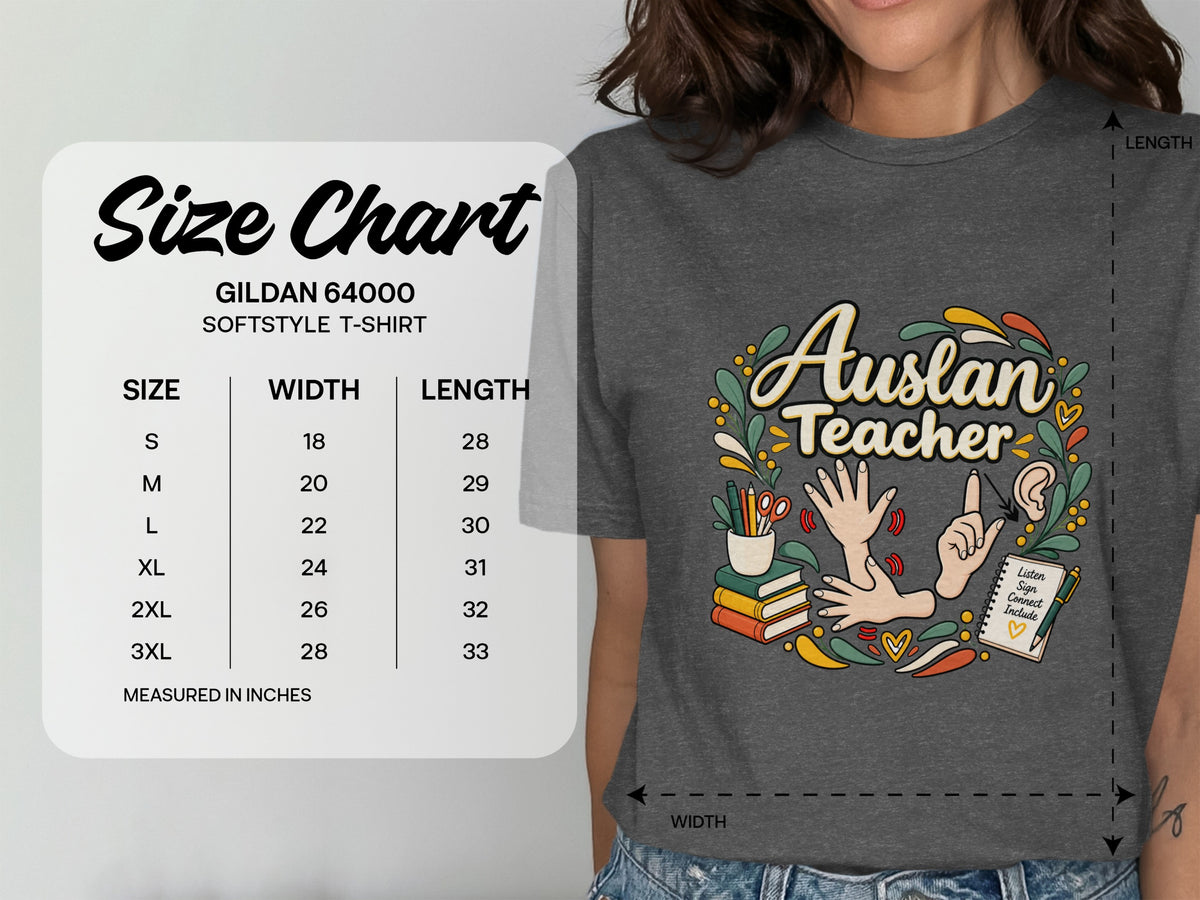 Gildan 64000 softstyle t-shirt size chart with width and length measurements in inches.