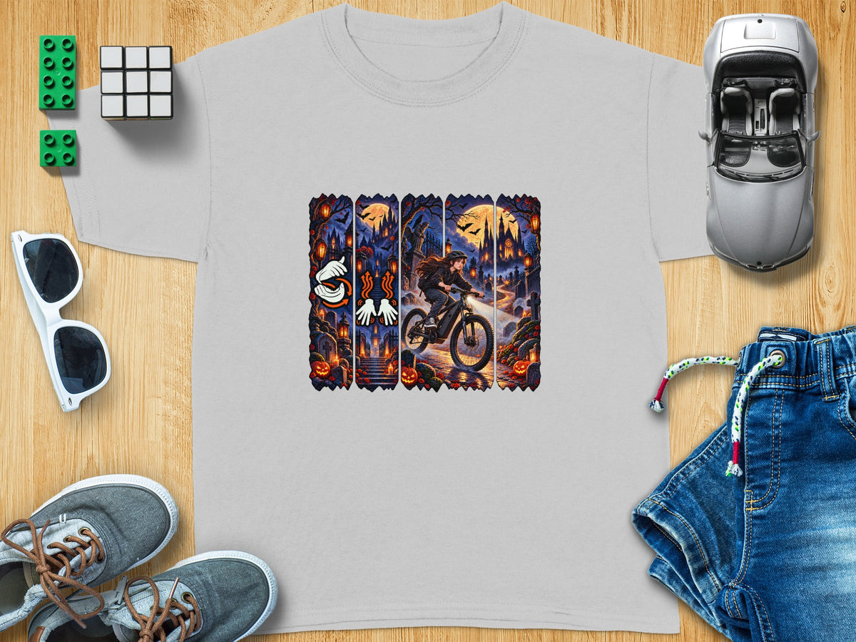 T-shirt with girl on bicycle in haunted scene and Halloween motifs.