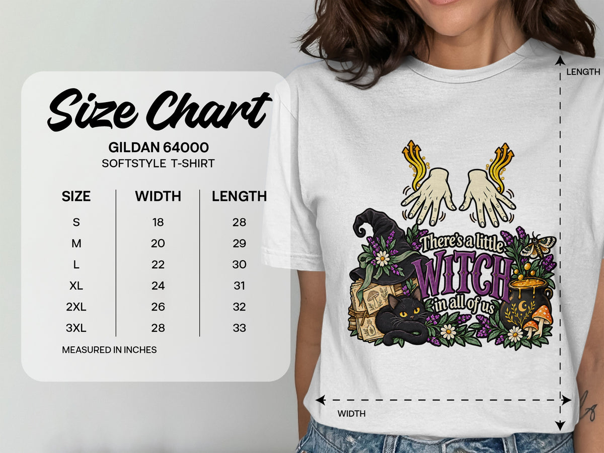 Size chart for Gildan 64000 Softstyle T-shirt, with measurements in inches.