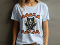 Cat in a rockstar outfit playing a guitar with sign language letters above and below.
