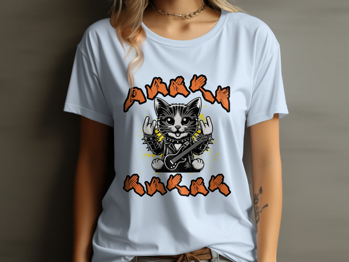 Cat in a rockstar outfit playing a guitar with sign language letters above and below.