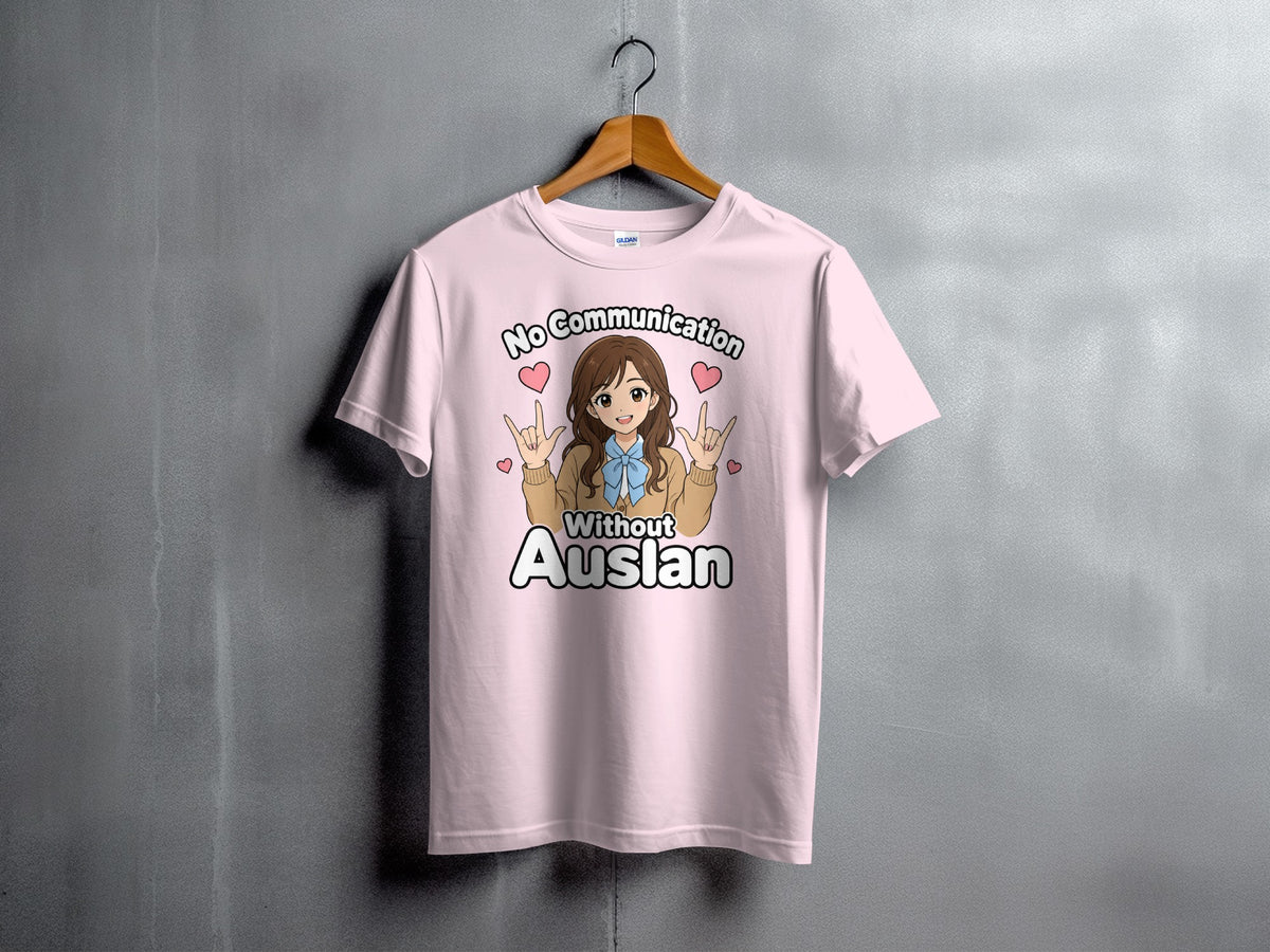 Pink t-shirt with anime girl graphic and text "No Communication Without Auslan".