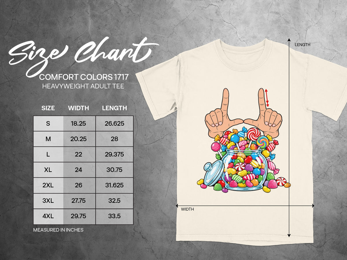 Comfort Colors 1717 heavyweight adult tee size chart with measurements for width and length.