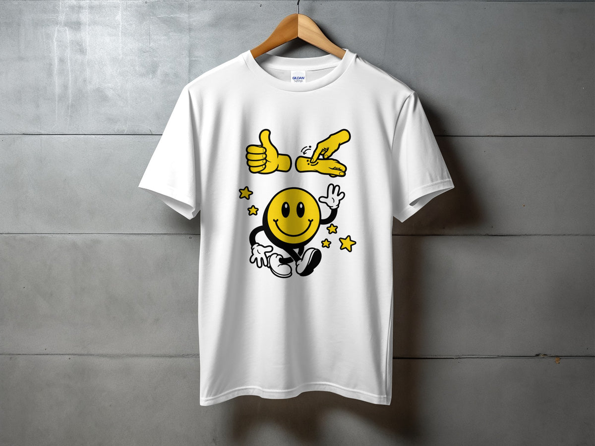White t-shirt with a cartoon smiley face and yellow thumbs-up and hand graphics.