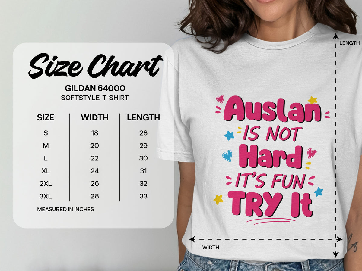 Gildan 64000 softstyle t-shirt size chart with measurements and "Auslan is not hard it's fun try it" graphic.