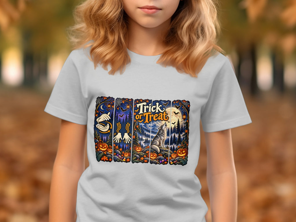 T-shirt with Halloween graphic depicting a wolf, pumpkins, bats, and "Trick or Treat" text.