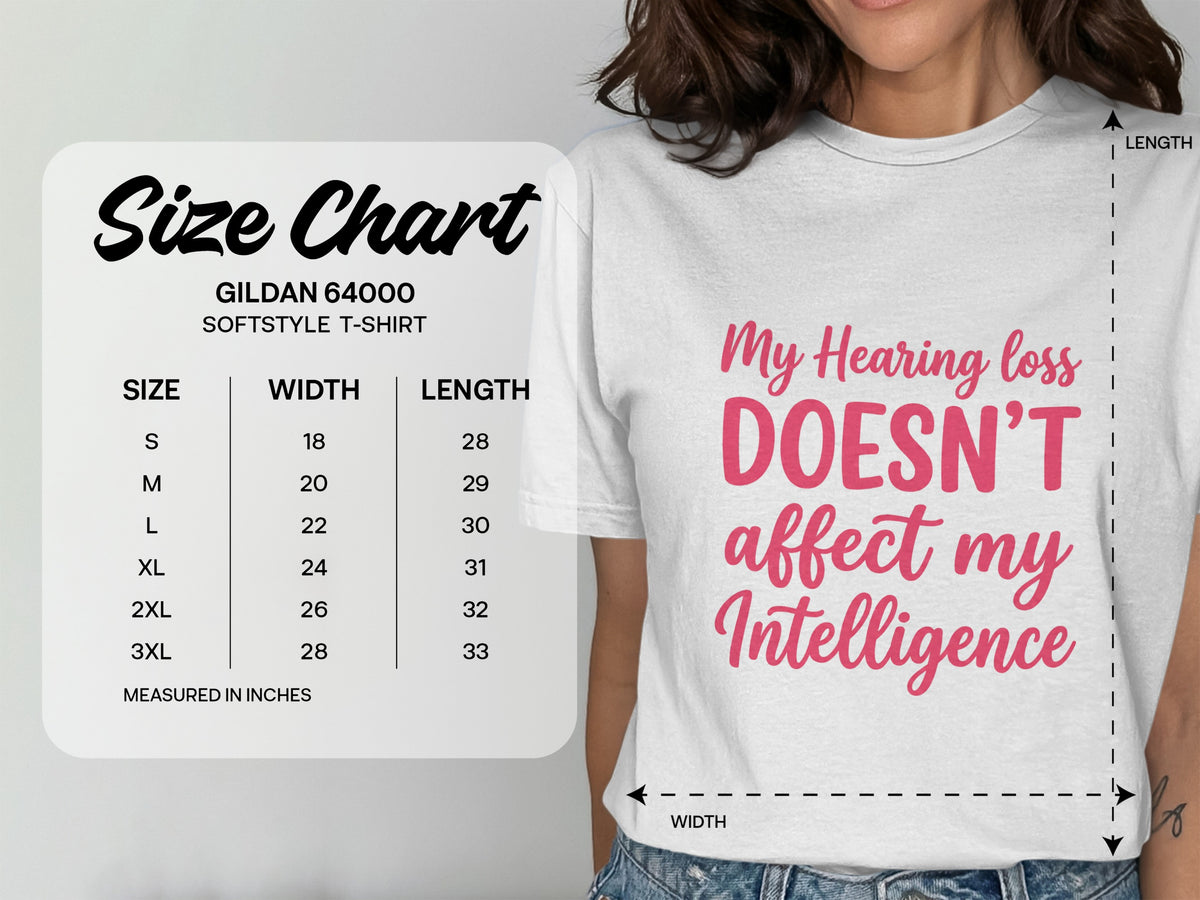 Gildan 64000 Softstyle t-shirt size chart with width and length measurements in inches.