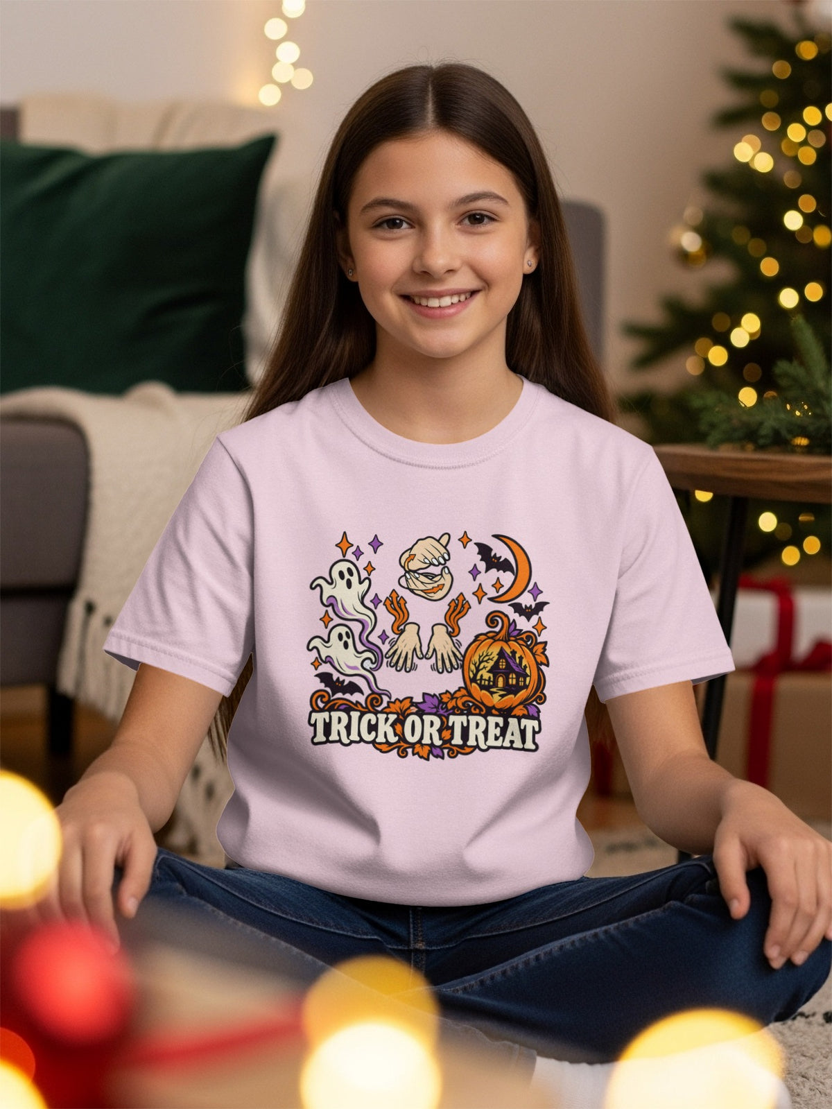 Pink t-shirt with Halloween graphic featuring ghosts, pumpkin, and "Trick or Treat" text.